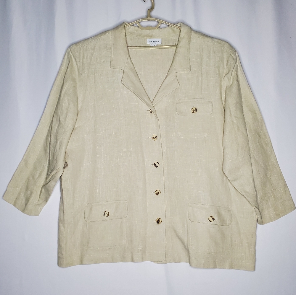 Avenue Hemp Linen Button Jacket 26/28 Beige Woven Pocket VNeck Collar Safari 90s